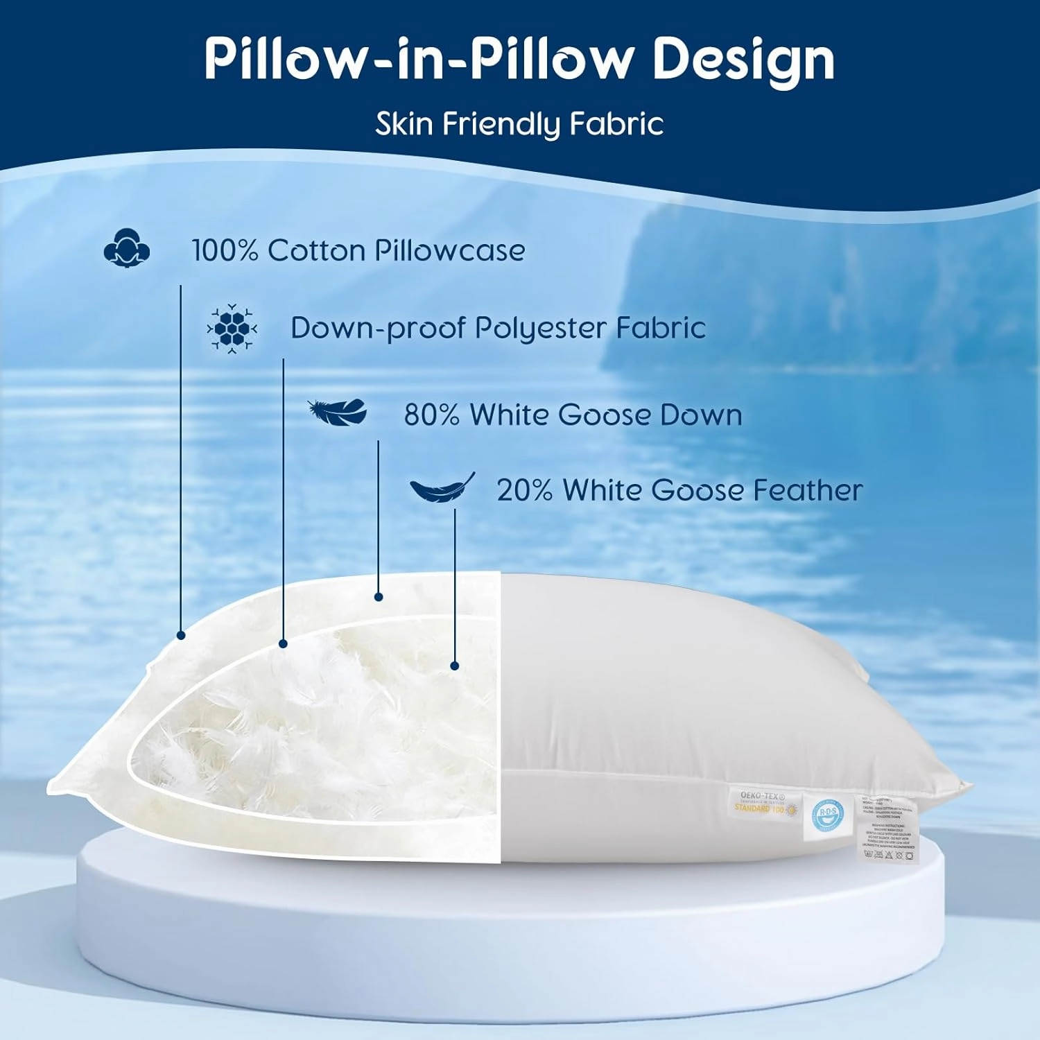 LBRO2M Canada Goose Down Pillow 900 Fill Power 80% Goose Down 20% Goose Feather 100% Cotton Pillowcase Queen Down Pillows Ideal for Plush Comfort and Support (20"X30" Pack of 1)
