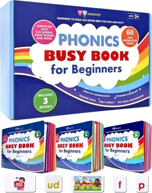 Learn to Read Phonics Busy Book for Beginning Readers, Montessori-Inspired Set of 3 Busy Books for Kids Ages 4-8, 60 Learning Activities, Read in 4 Weeks with CVC Words and Sight Words