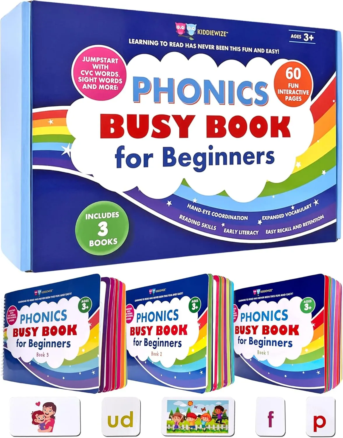 Learn to Read Phonics Busy Book for Beginning Readers, Montessori-Inspired Set of 3 Busy Books for Kids Ages 4-8, 60 Learning Activities, Read in 4 Weeks with CVC Words and Sight Words