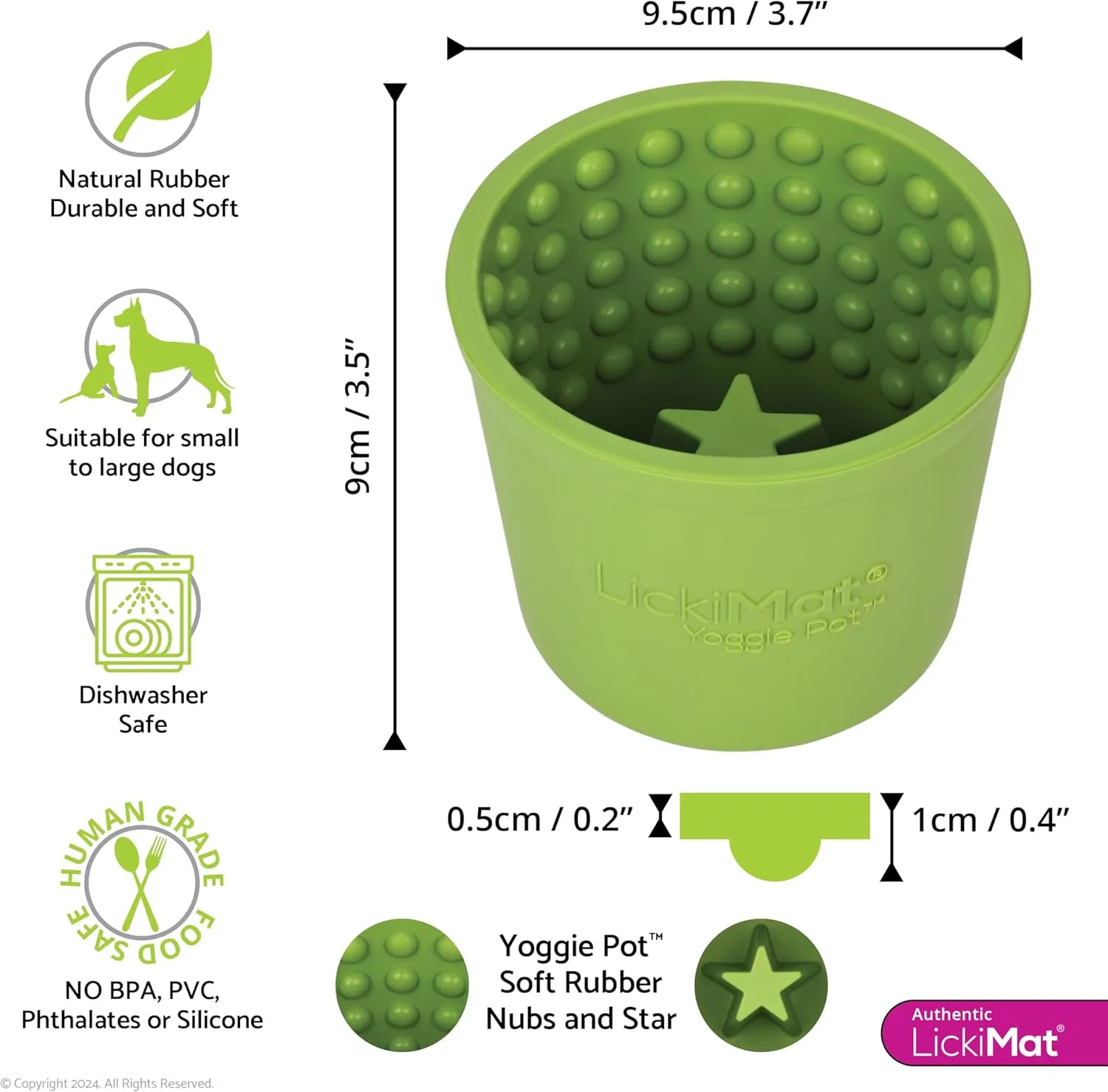 LICKIMAT Yoggie Pot – Distraction, Fun and Enrichment. Long Lasting Rubber Licking Treat Dispenser for All Dog Sizes and Slow Feeder for Small Dogs - Green