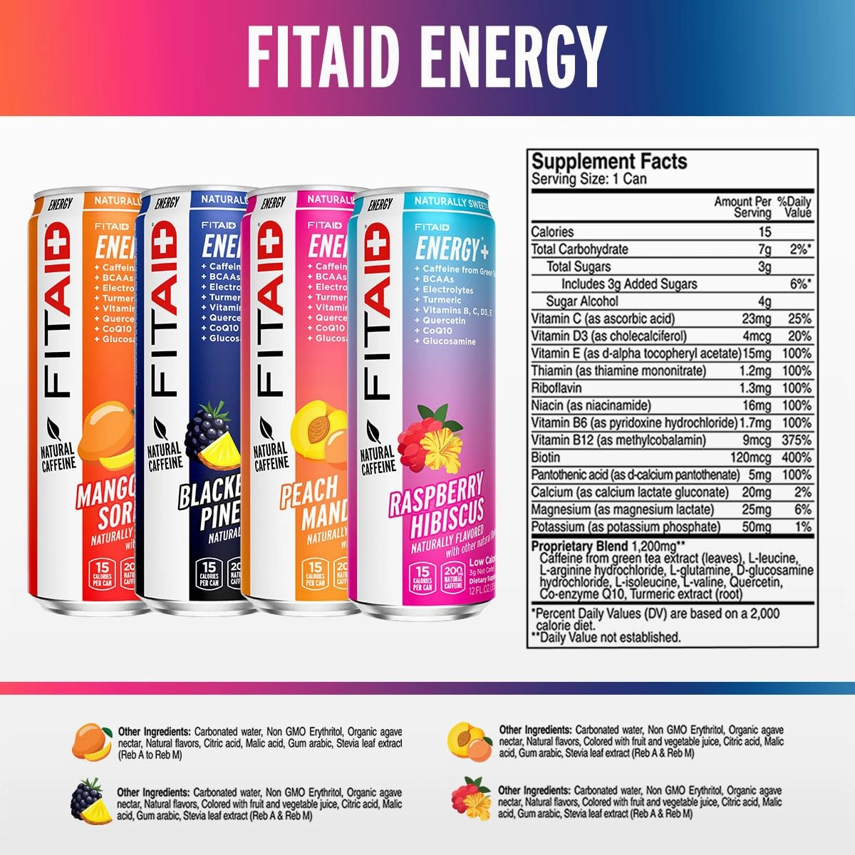 LIFEAID FITAID Energy, 200mg Natural Caffeine, Keto, Variety Pack, Optimum Performance Formula: BCAAs, Quercetin, Electrolytes, Omega-3s, 15 Calories, Paleo, Vegan & Gluten-Free, 12 Fl Oz (Pack of 12)