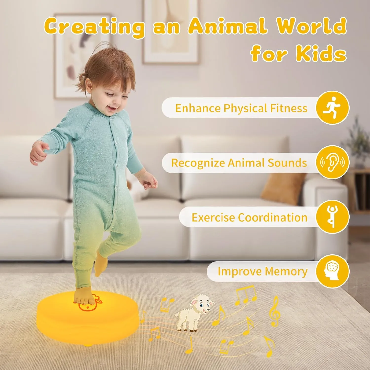 Light Up Music Floor Games, Touch Sensitive Floor Tiles Toddler Toy, Interactive Games for Kids, Musical Toys with Animal Sounds - Yellow (Sheep)
