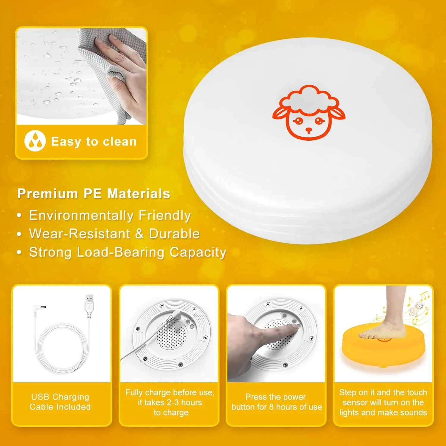 Light Up Music Floor Games, Touch Sensitive Floor Tiles Toddler Toy, Interactive Games for Kids, Musical Toys with Animal Sounds - Yellow (Sheep)