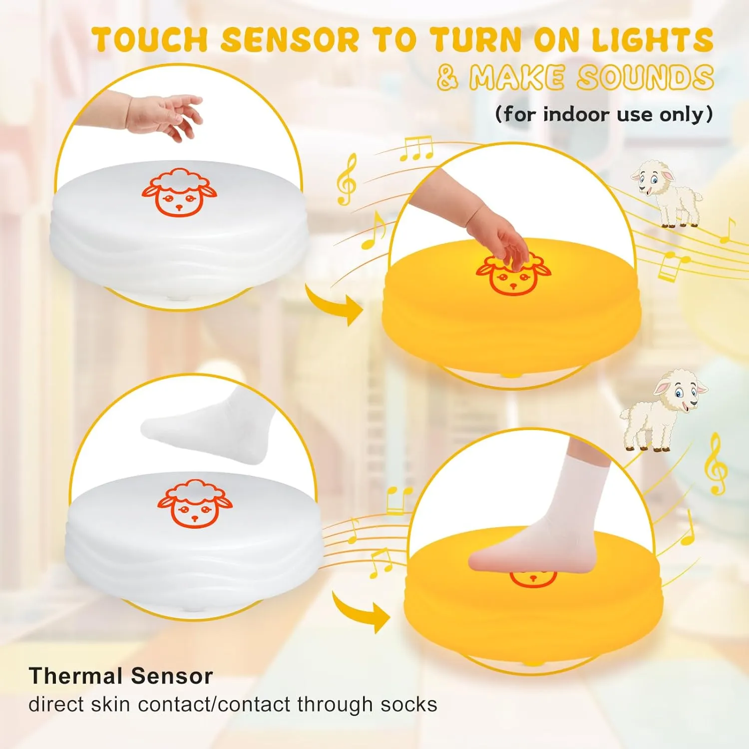 Light Up Music Floor Games, Touch Sensitive Floor Tiles Toddler Toy, Interactive Games for Kids, Musical Toys with Animal Sounds - Yellow (Sheep)