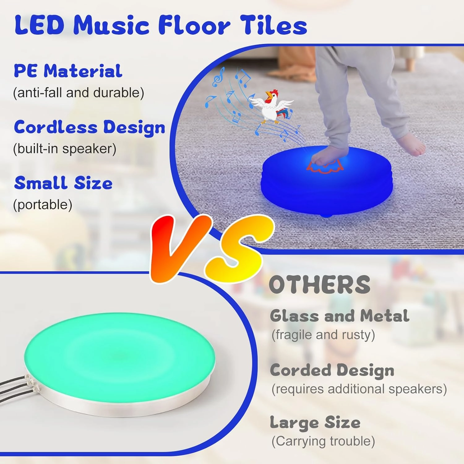 Light Up Music Floor Games, Touch Sensitive Floor Tiles Toddler Toy, Interactive Games for Kids, Musical Toys with Animal Sounds - Blue (Chicken)