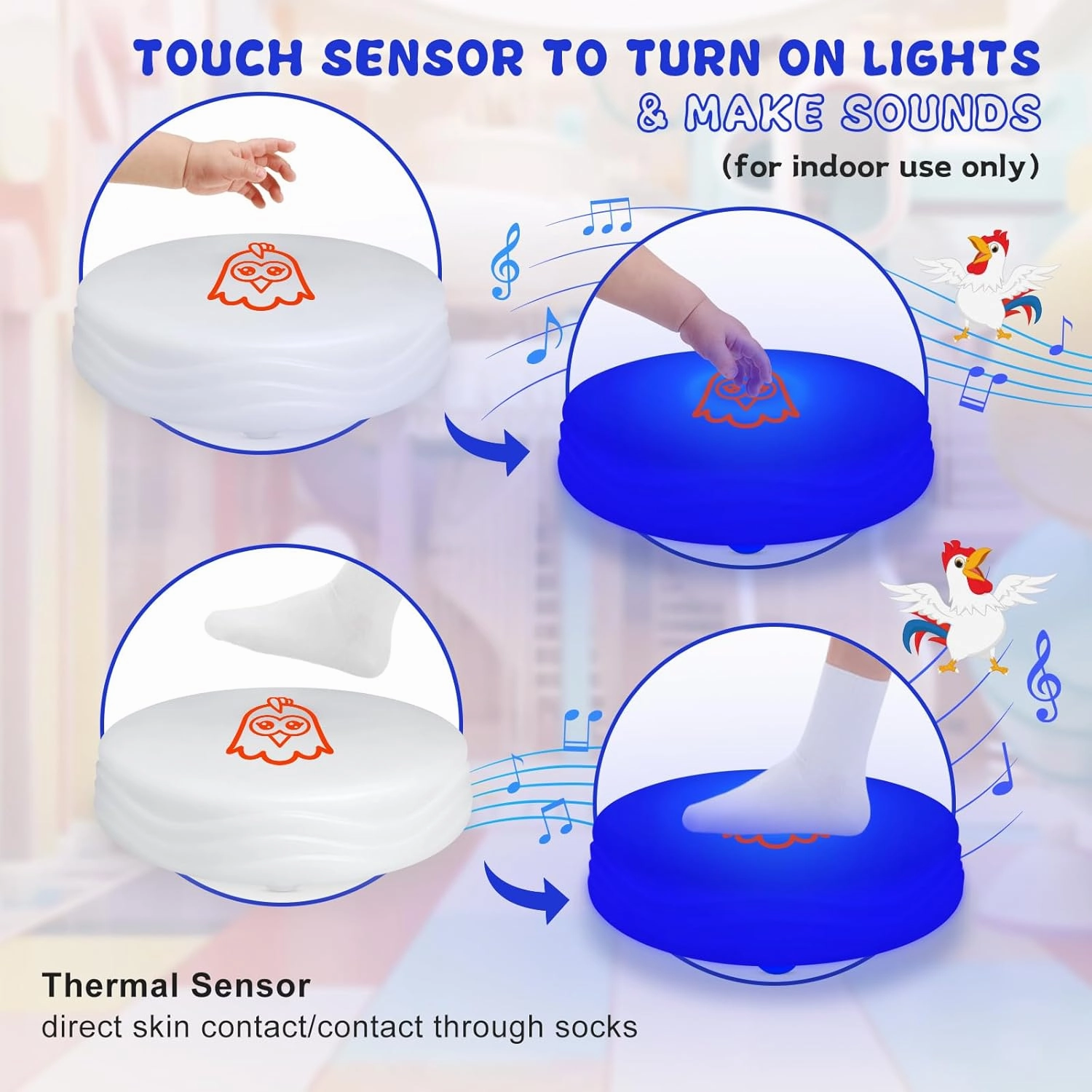 Light Up Music Floor Games, Touch Sensitive Floor Tiles Toddler Toy, Interactive Games for Kids, Musical Toys with Animal Sounds - Blue (Chicken)