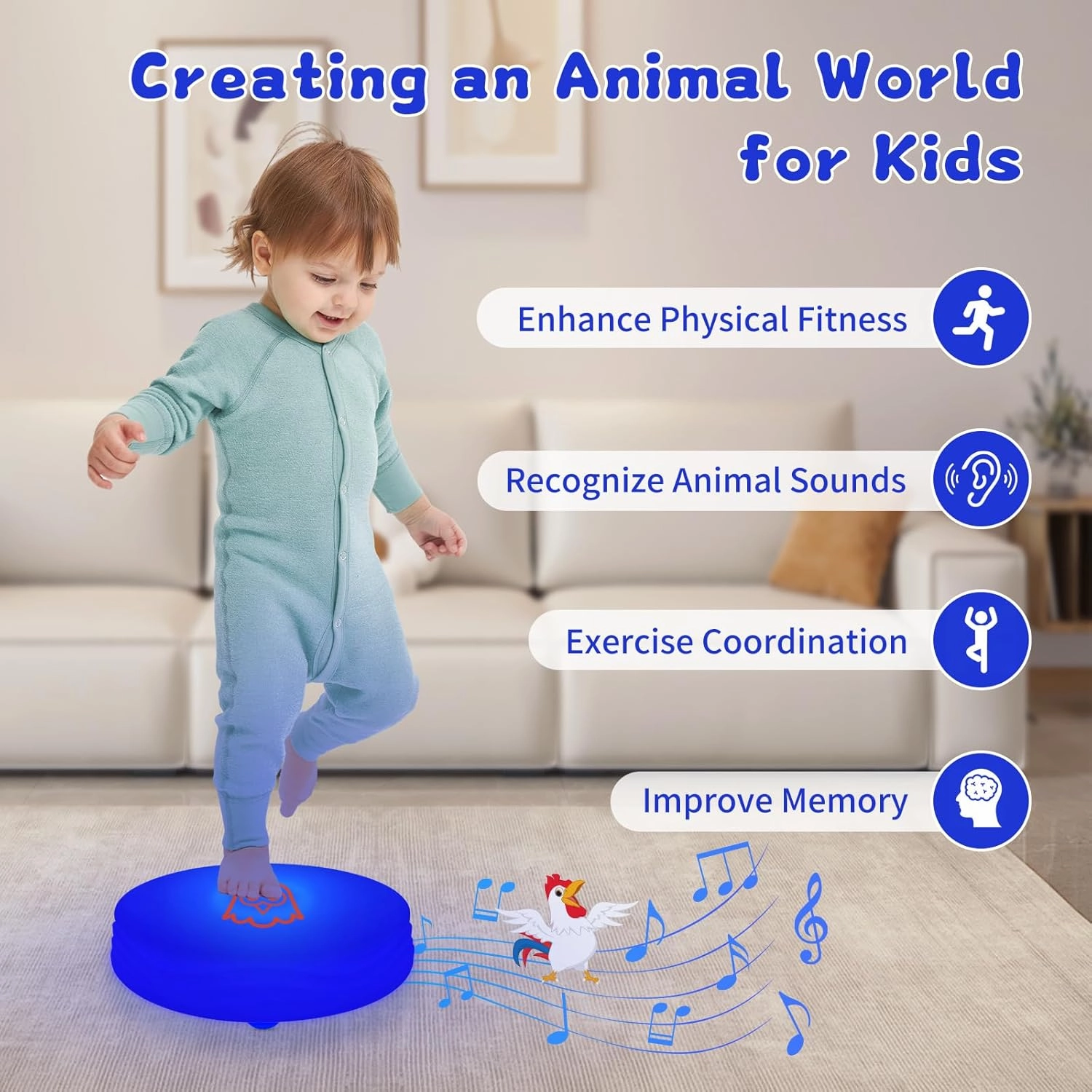 Light Up Music Floor Games, Touch Sensitive Floor Tiles Toddler Toy, Interactive Games for Kids, Musical Toys with Animal Sounds - Blue (Chicken)