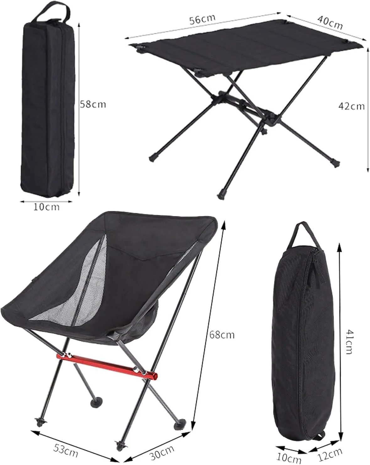 Lightweight Folding Table and Chairs Set of 3, Portable Camping Table Outdoor Beach Chair Set with Carry Bag, Easy to Carry, for Picnic Cooking Hiking Fishing, Black-Black-5PCS