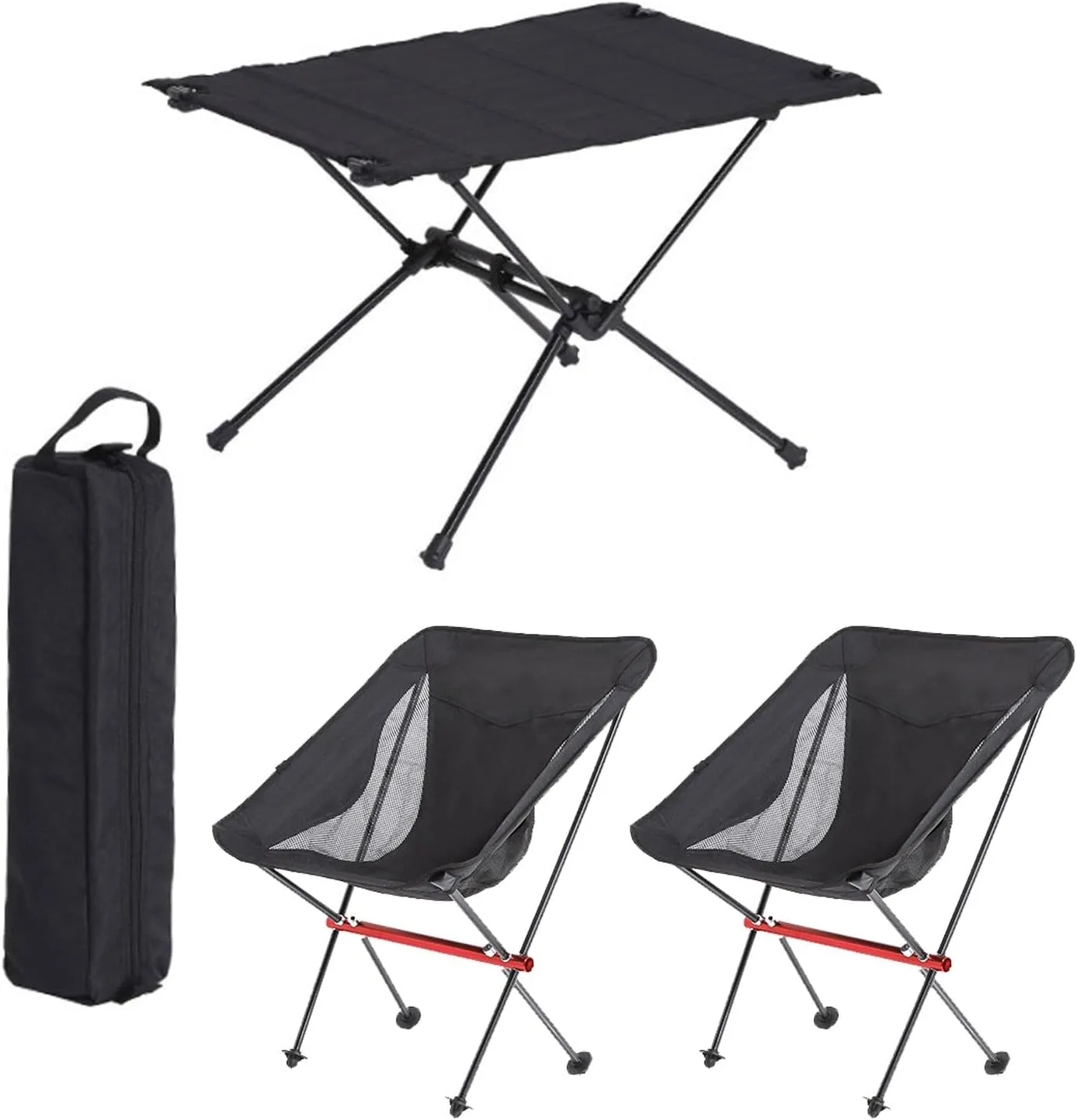 Lightweight Folding Table and Chairs Set of 3, Portable Camping Table Outdoor Beach Chair Set with Carry Bag, Easy to Carry, for Picnic Cooking Hiking Fishing, Black-Black-5PCS