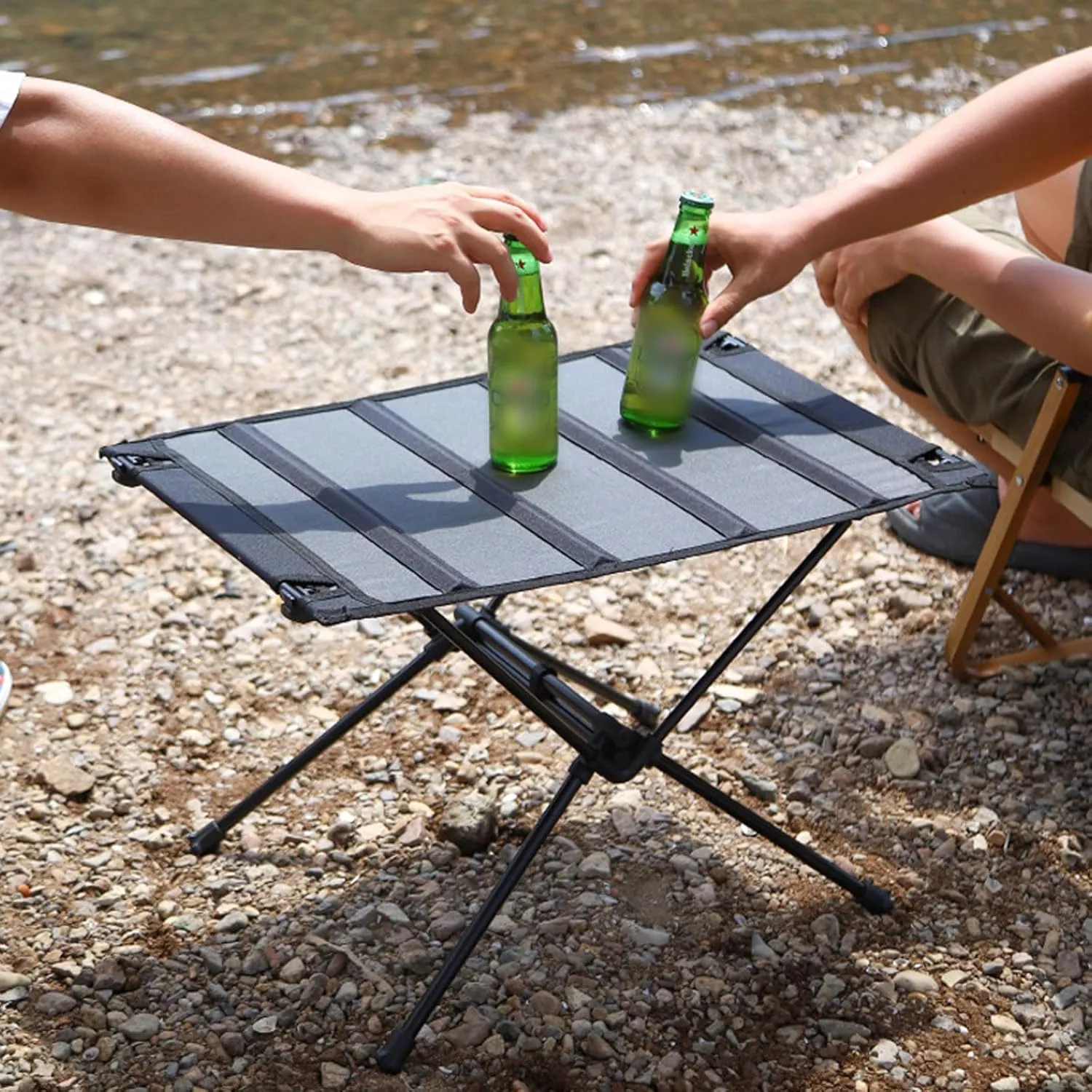 Lightweight Folding Table and Chairs Set of 3, Portable Camping Table Outdoor Beach Chair Set with Carry Bag, Easy to Carry, for Picnic Cooking Hiking Fishing, Black-Black-5PCS