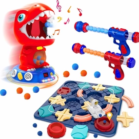 Logical Road Builder & Shooting Game Toy Bundle - STEM Board Game for Kids and Movable Dinosaur Target Shooting Toy with Guns & Foam Balls