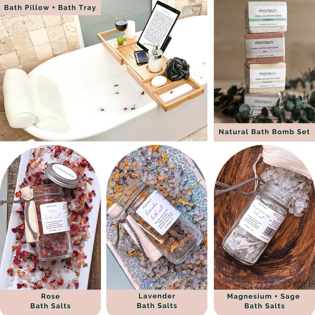 Luxurious Bath Gift Set for Women: Bamboo Bathtub Tray Caddy, Bath Spa Pillow, Bath Bombs & Bath Salts - Ultimate Spa Day Gifts for Women, Relaxation Gift Basket for Moms & Self Care