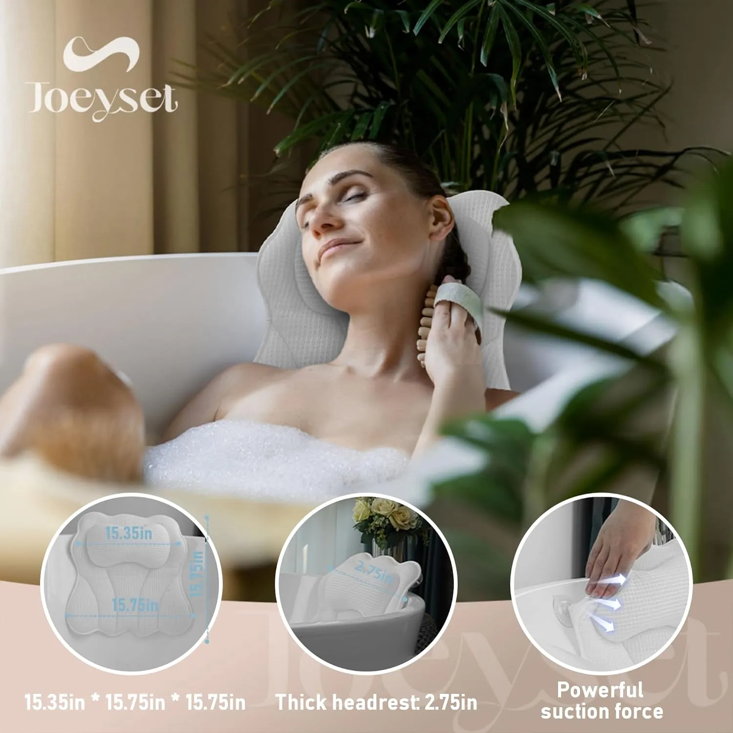 Luxury Bath Pillow for Tub, Soft 5D Air Mesh Fabric for Comfort, Breathable & Quick-Drying Bathtub Cushion for Head, Neck, Back Support, Non-Slip Spa Pillow with Strong Suction Cups (White)