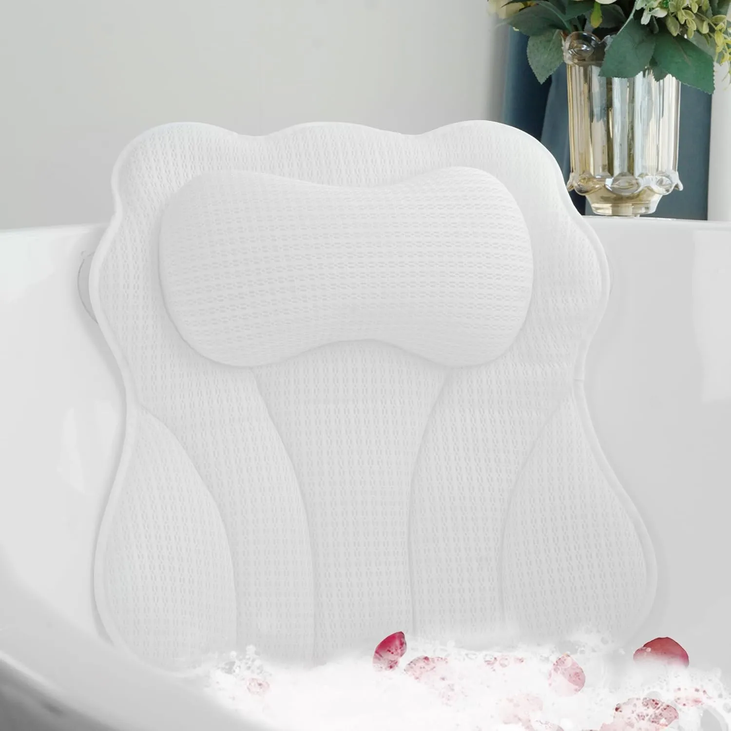 Luxury Bath Pillow for Tub, Soft 5D Air Mesh Fabric for Comfort, Breathable & Quick-Drying Bathtub Cushion for Head, Neck, Back Support, Non-Slip Spa Pillow with Strong Suction Cups (White)