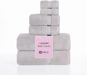 Luxury Turkish Cotton Bath Towel Set - Soft & Absorbent, Quick Dry, 6-Piece Set (2 Bath Towels, 2 Hand Towels, 2 Washcloths) - Grey