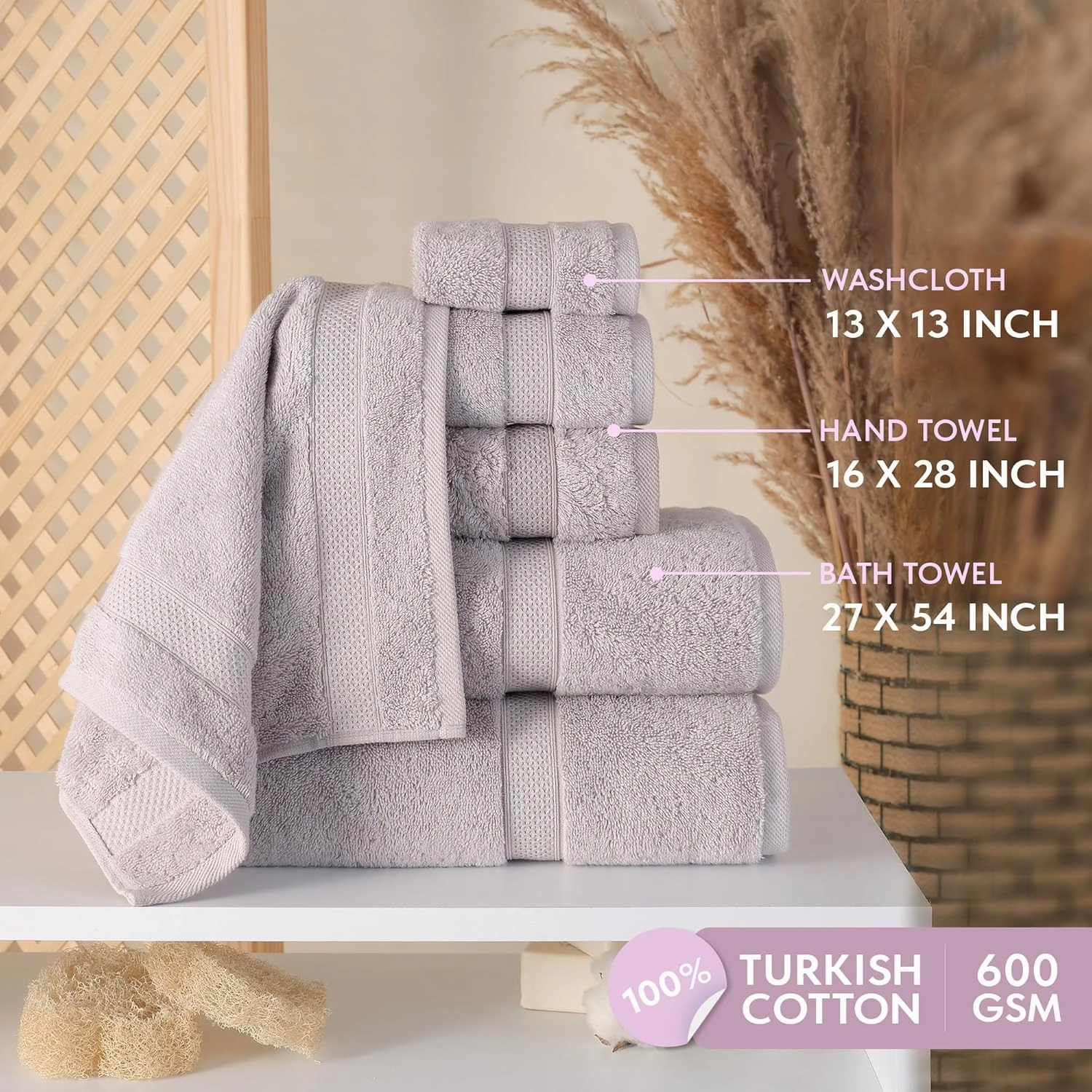 Luxury Turkish Cotton Bath Towel Set - Soft & Absorbent, Quick Dry, 6-Piece Set (2 Bath Towels, 2 Hand Towels, 2 Washcloths) - Grey