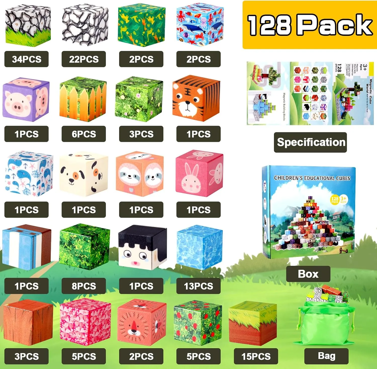 Magnetic Blocks 128Pcs Magnetic Building Blocks, Kids Toys for Boys and Girls Age 3 , Educational Sensory Magnetic Blocks Toys for Kids Birthday Gift