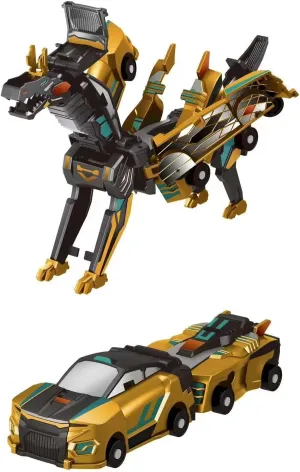 Magnetic Transforming Car Toy, Dinosaur Robot Vehicle, Collision-Activated Kids Play Set, Blue and Silver (Gold)