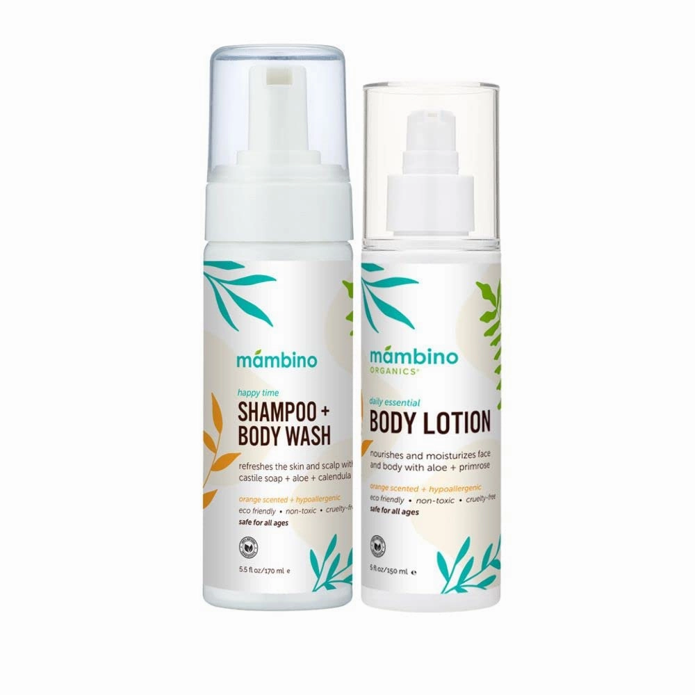 Mambino Organics Happy Time Bath Set - Happy Time Shampoo & Body Wash & Daily Essential Lotion – Cruelty-Free & Vegan Bath Products