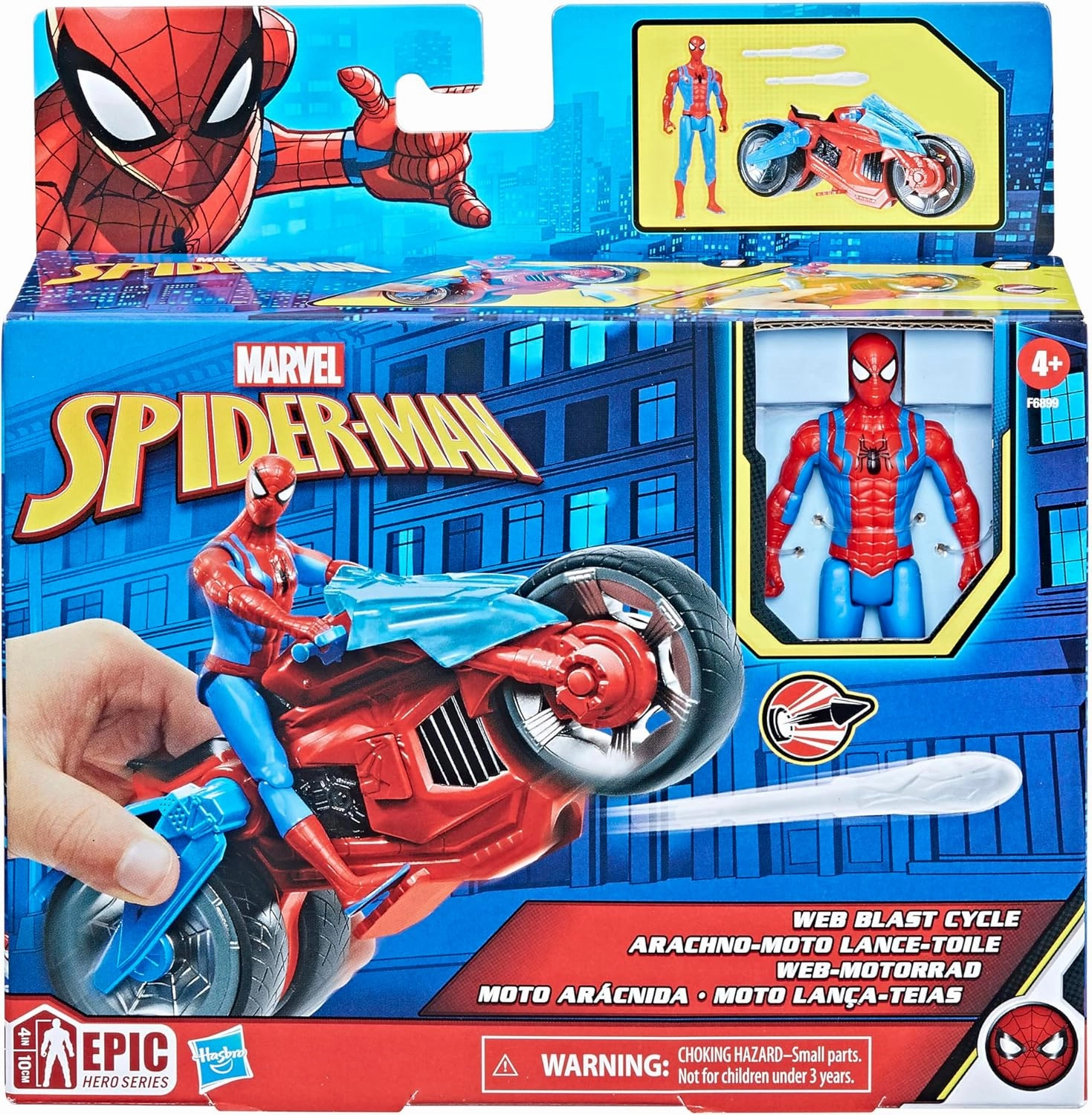 Marvel Spider-Man Web Blast Cycle, 4-Inch Action Figure with Vehicle and 2 Web Projectiles, Kids Playset for Ages 4 and Up