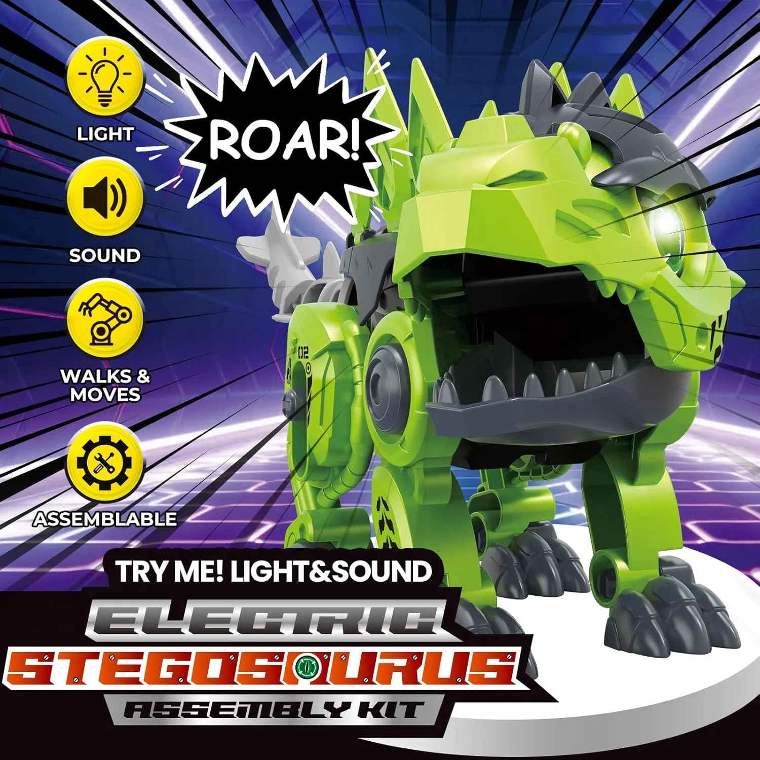 Mechanical Dinosaur Toys, 3D Puzzles Electric Stegosaurus Assembling Toy with Dino Egg, Electronic Walking Dinosaur Led Eyes Swing head Tail Interactive Toy for Kids 5  and Adult, Green