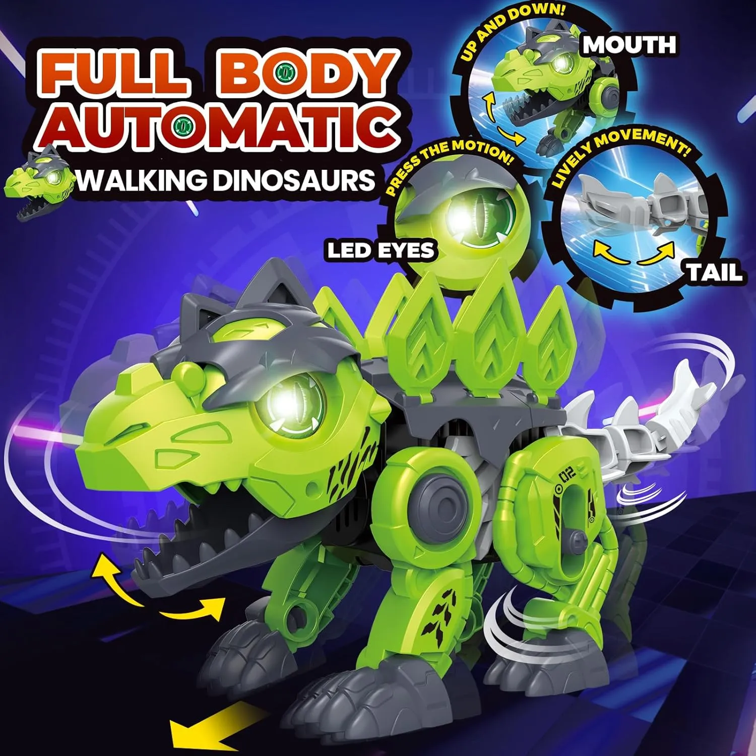 Mechanical Dinosaur Toys, 3D Puzzles Electric Stegosaurus Assembling Toy with Dino Egg, Electronic Walking Dinosaur Led Eyes Swing head Tail Interactive Toy for Kids 5  and Adult, Green