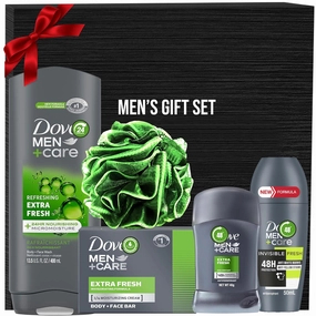 Men Care Father's Day Gift Set, 5 Piece Set Includes Men Body Wash Extra Fresh, Roll on Deodorant, Dove Extra Fresh Deodorant Stick, Men's Extra Fresh Bar Soap, Men's Loofa, In Gift Box