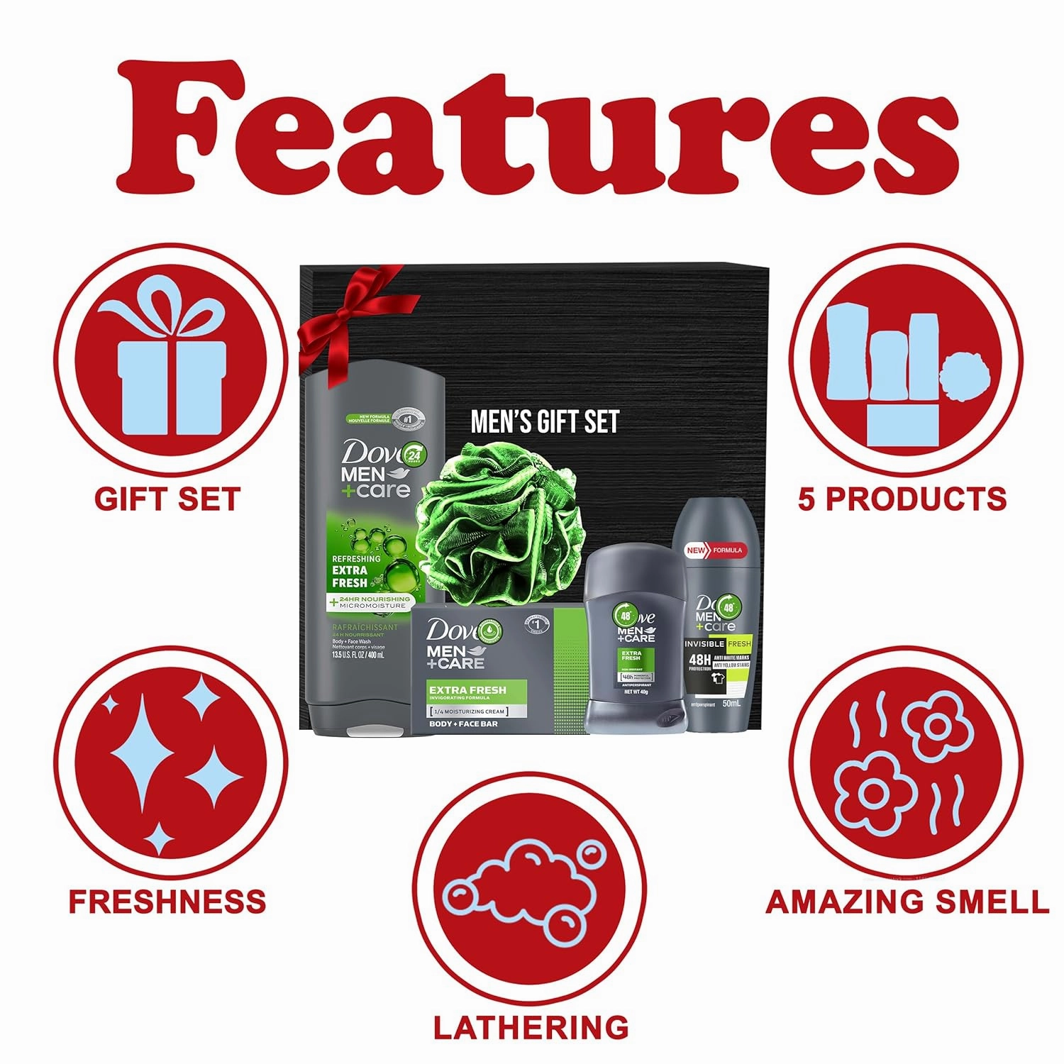 Men Care Father's Day Gift Set, 5 Piece Set Includes Men Body Wash Extra Fresh, Roll on Deodorant, Dove Extra Fresh Deodorant Stick, Men's Extra Fresh Bar Soap, Men's Loofa, In Gift Box