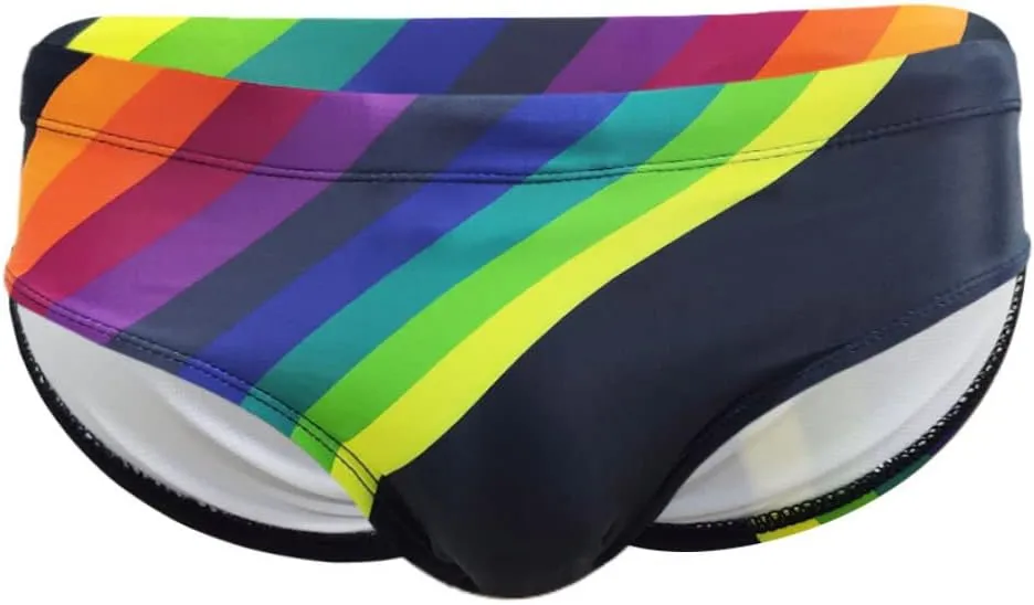 Men's Enhancing Low Rise Rainbow Stripe Swim Briefs, Front Removable Pad and Push-Up Cup