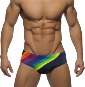 Men's Enhancing Low Rise Rainbow Stripe Swim Briefs, Front Removable Pad and Push-Up Cup