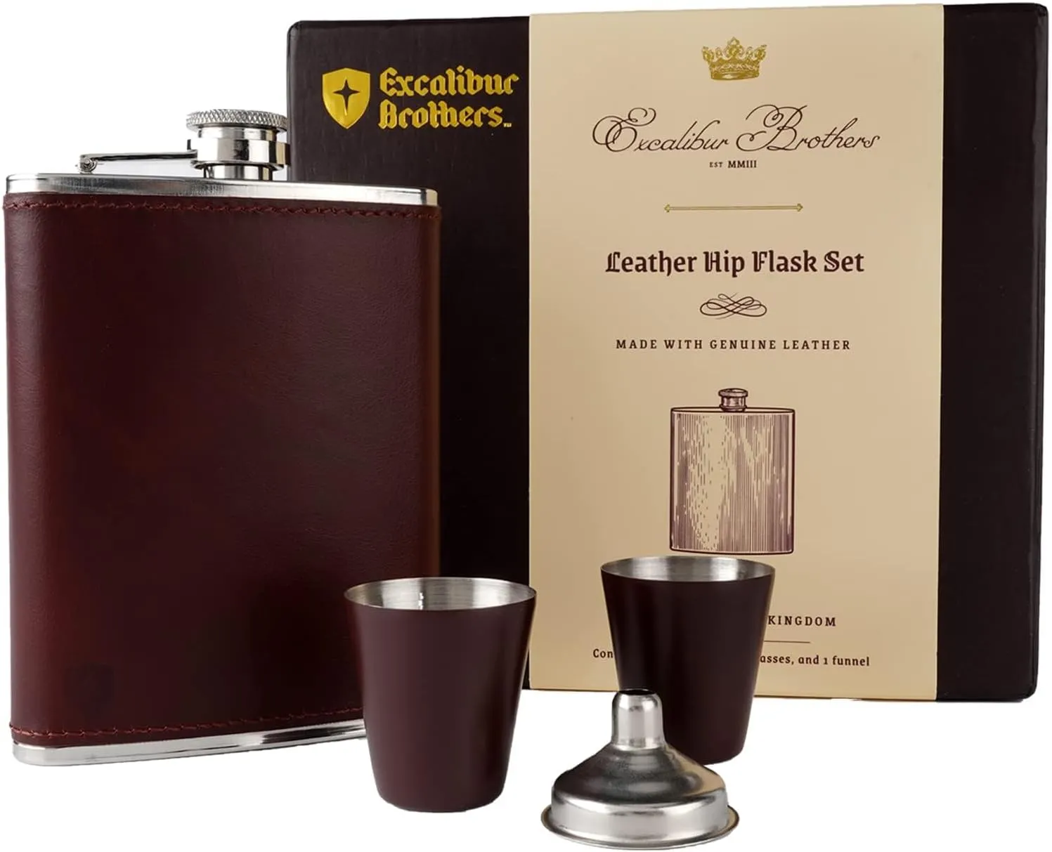 Men's Leather Flask (Brown) with 2 Cups and Funnel - 100% Leak Proof with Stainless Steel and Premium Leather, Leather Gift Set for Father, Grandfather, Boyfriend, and Groomsmen