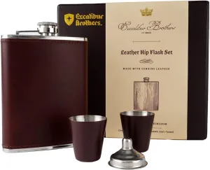 Men's Leather Flask (Brown) with 2 Cups and Funnel - 100% Leak Proof with Stainless Steel and Premium Leather, Leather Gift Set for Father, Grandfather, Boyfriend, and Groomsmen