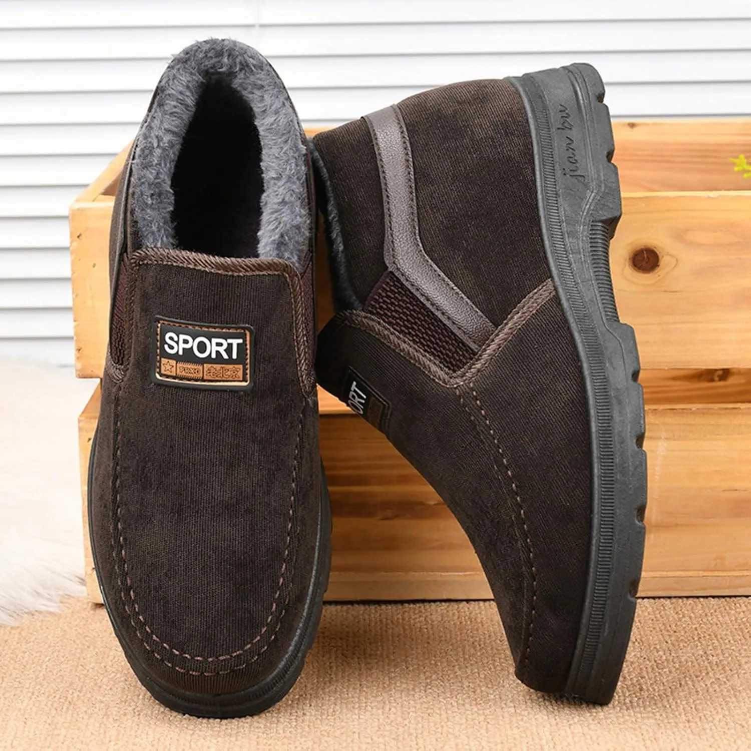Men's Winter Thickened Plush Solid Color Slip On Flat Bottomed Hiking Leisure Warm Snow Men's Suede Classic Sneaker