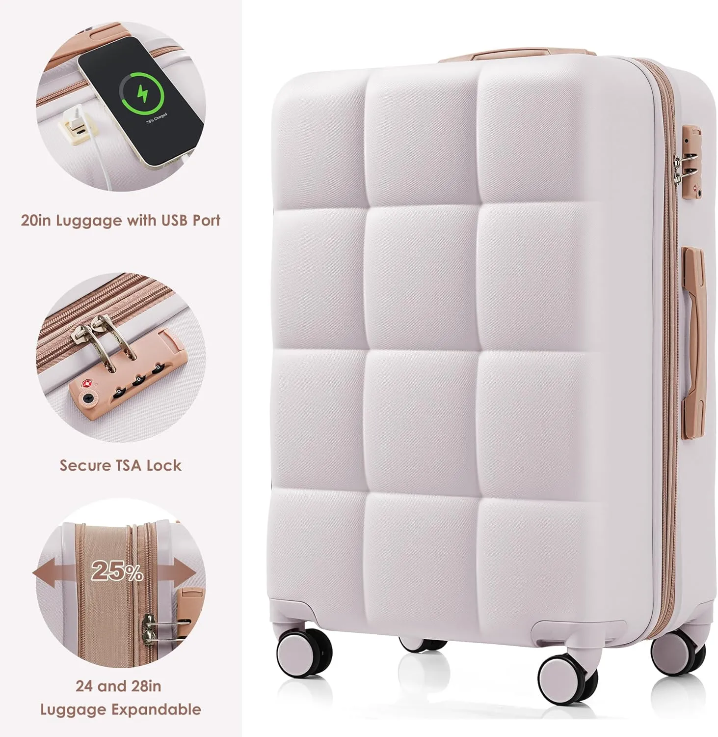 Merax Hardshell Luggage Sets 3 Pieces 4 Spinner Wheel with USB Port, Ice Grey, 20/24/28 Inch