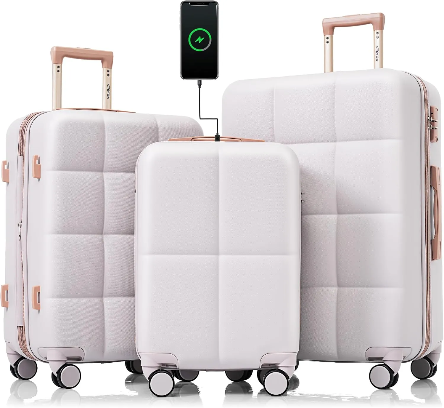 Merax Hardshell Luggage Sets 3 Pieces 4 Spinner Wheel with USB Port, Ice Grey, 20/24/28 Inch