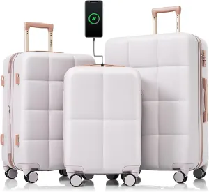 Merax Hardshell Luggage Sets 3 Pieces 4 Spinner Wheel with USB Port, Ice Grey, 20/24/28 Inch