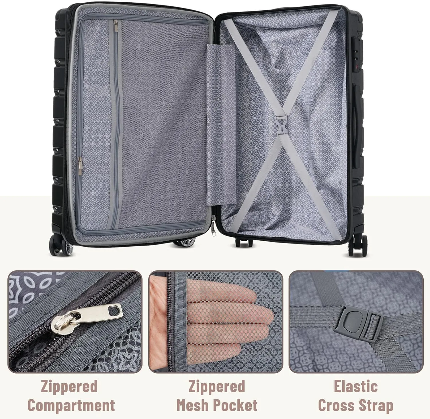 Merax Hardshell Sets ABS Suitcase for Women 3Pc Carry On Luggage, Jet Black, 20/24/28 Inch