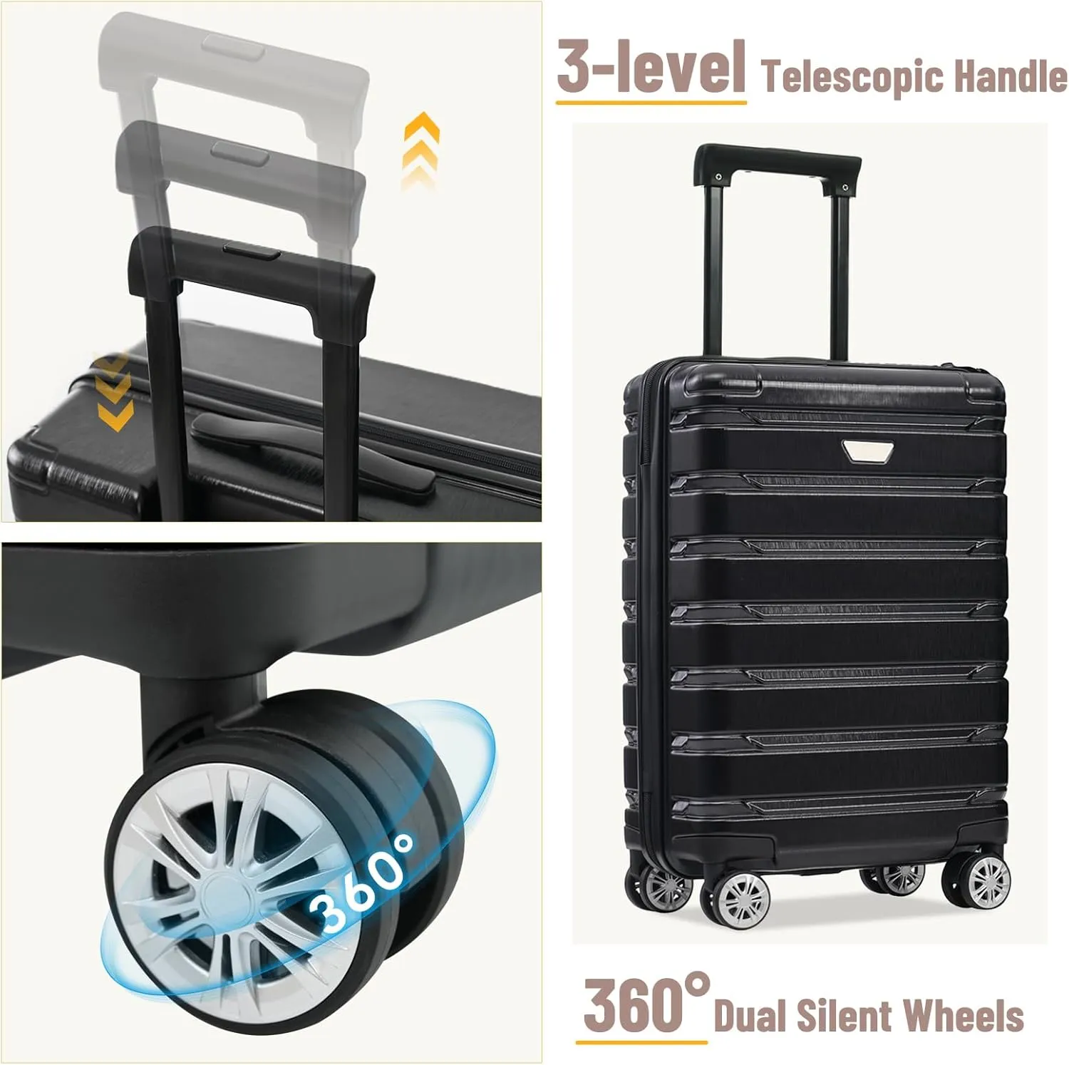 Merax Hardshell Sets ABS Suitcase for Women 3Pc Carry On Luggage, Jet Black, 20/24/28 Inch