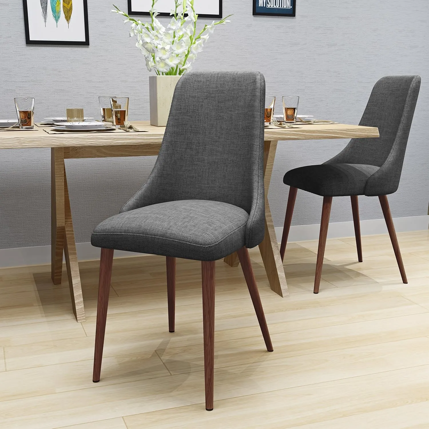 Merax Set of 2 Dining Kitchen Chairs, Mid-Century Modern Fabric Farmhouse Dining Room Chair with Metal Legs for Kitchen, Living Room or Bedroom, Gray-Dark Wainut Wood Finish