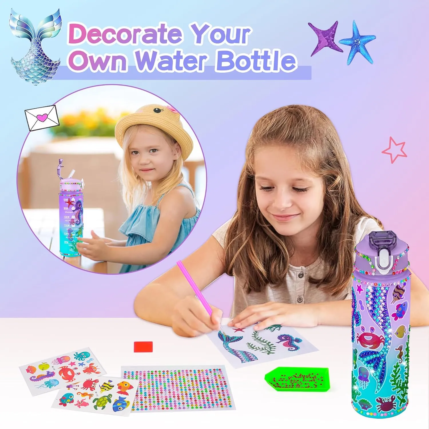 Mermaid Gifts for Girls Age 4 5 6 7 8 9 10, Girls Mermaid Birthday Gifts Set with Light Up Star Pillow Diary Plush DIY Water Bottle Kits Toys