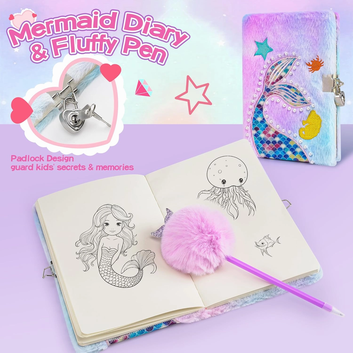 Mermaid Gifts for Girls Age 4 5 6 7 8 9 10, Girls Mermaid Birthday Gifts Set with Light Up Star Pillow Diary Plush DIY Water Bottle Kits Toys