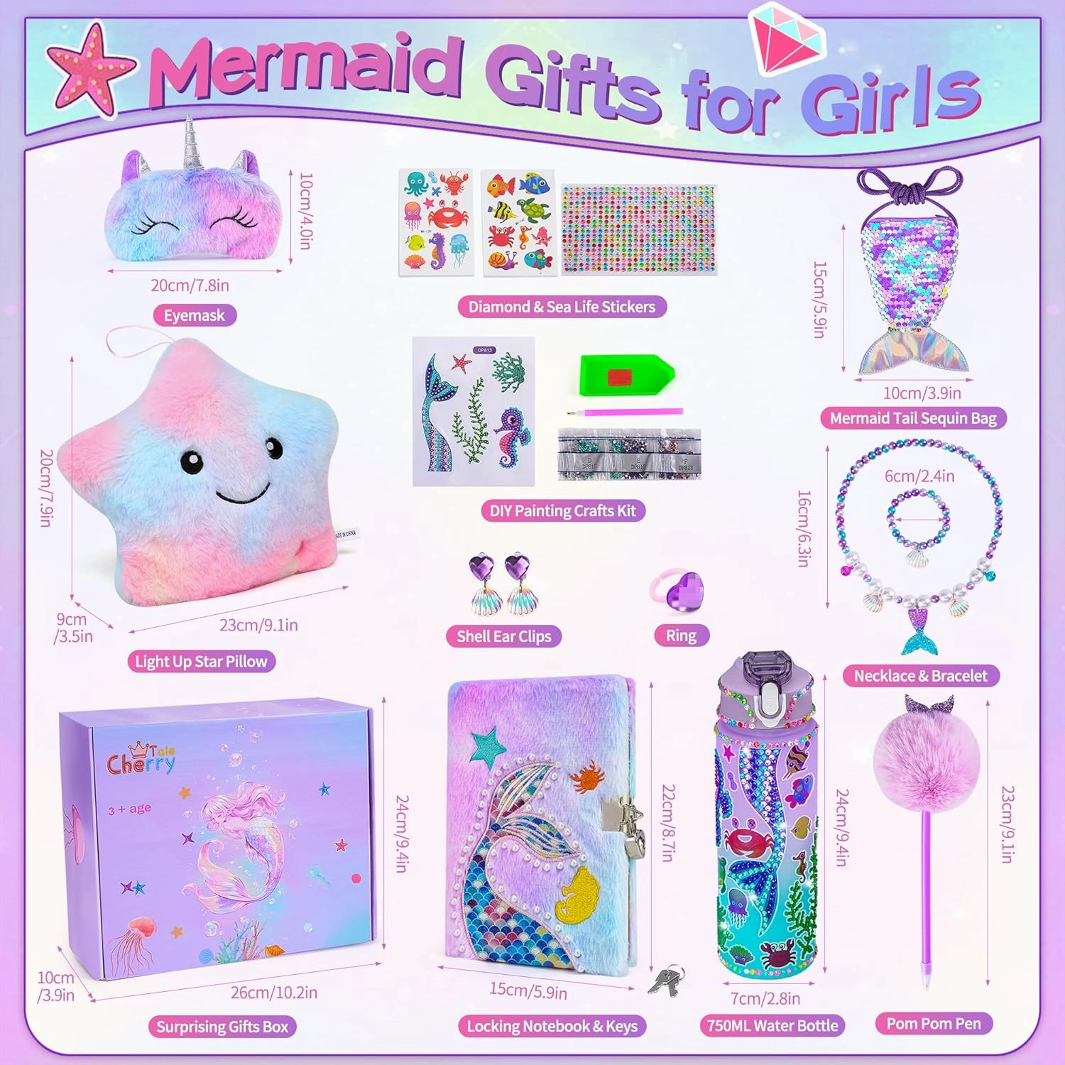 Mermaid Gifts for Girls Age 4 5 6 7 8 9 10, Girls Mermaid Birthday Gifts Set with Light Up Star Pillow Diary Plush DIY Water Bottle Kits Toys