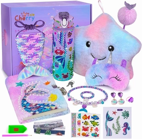 Mermaid Gifts for Girls Age 4 5 6 7 8 9 10, Girls Mermaid Birthday Gifts Set with Light Up Star Pillow Diary Plush DIY Water Bottle Kits Toys