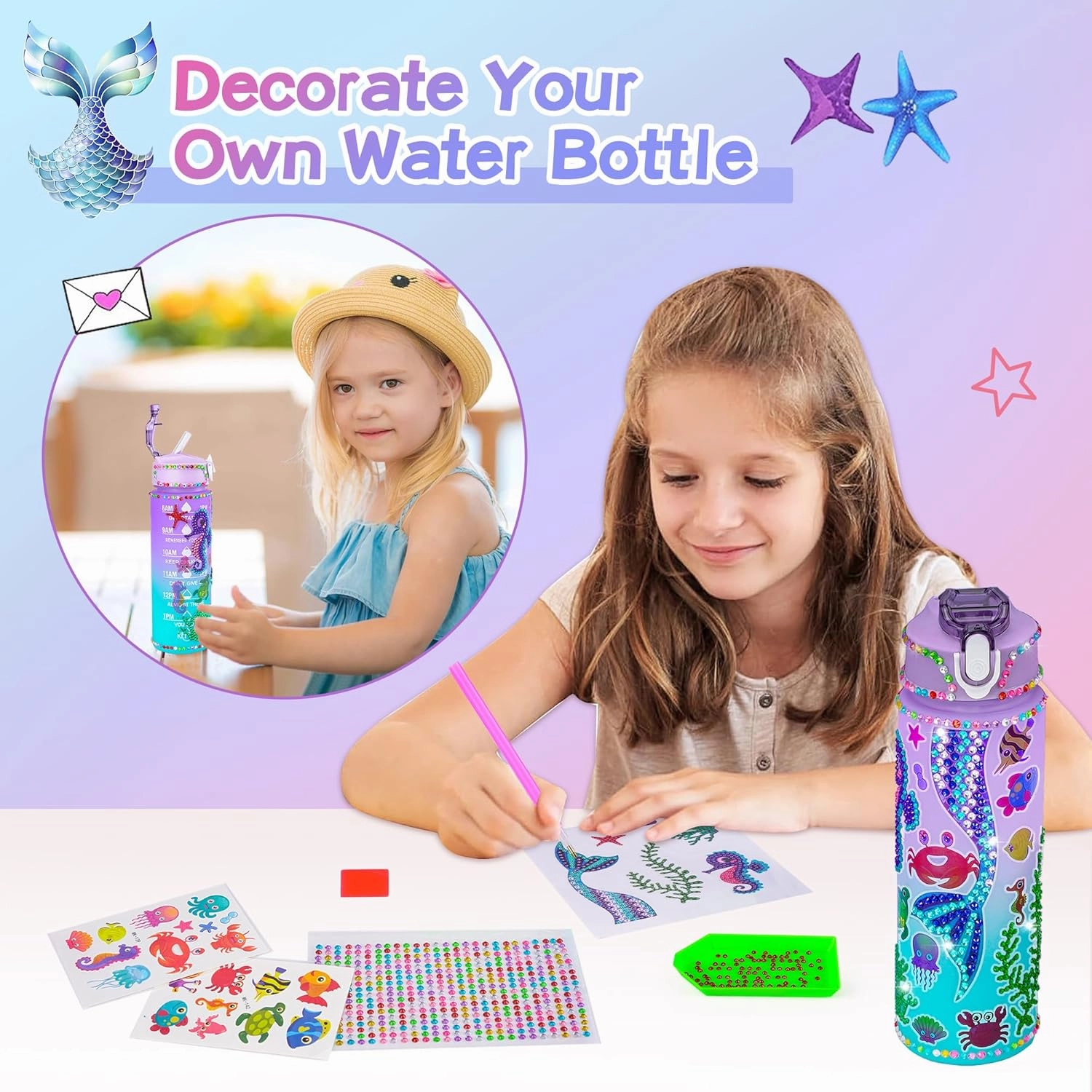 Mermaid Gifts for Girls Age 4 5 6 7 8 9 10, Girls Mermaid Birthday Gifts Set with Light Up Star Pillow Diary Plush DIY Water Bottle Kits Toys