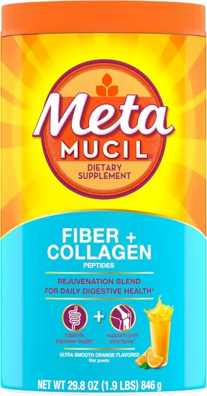 Metamucil Daily Fiber   Collagen, Psyllium Husk Powder, Plant Based, Sugar-Free with Stevia, 3-in-1 Fiber for Digestive Health, Orange Flavored, 90 Doses (29.8 OZ Fiber Powder)