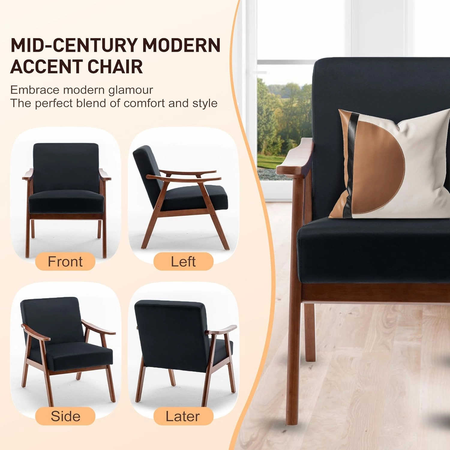 Mid-Century Modern Wingback Chair with Solid Wood Frame and Plush Velvet Upholstery - Perfect Accent Chair for Bedroom, Living Room, and Reading Nook (BlackVelvet)