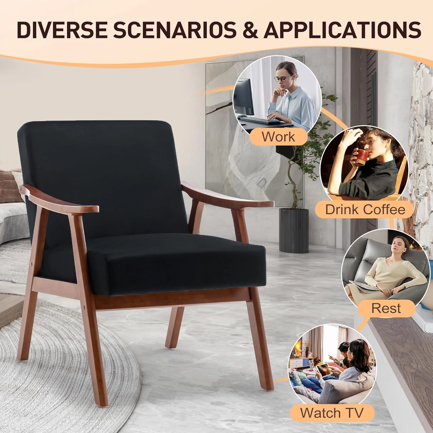 Mid-Century Modern Wingback Chair with Solid Wood Frame and Plush Velvet Upholstery - Perfect Accent Chair for Bedroom, Living Room, and Reading Nook (BlackVelvet)