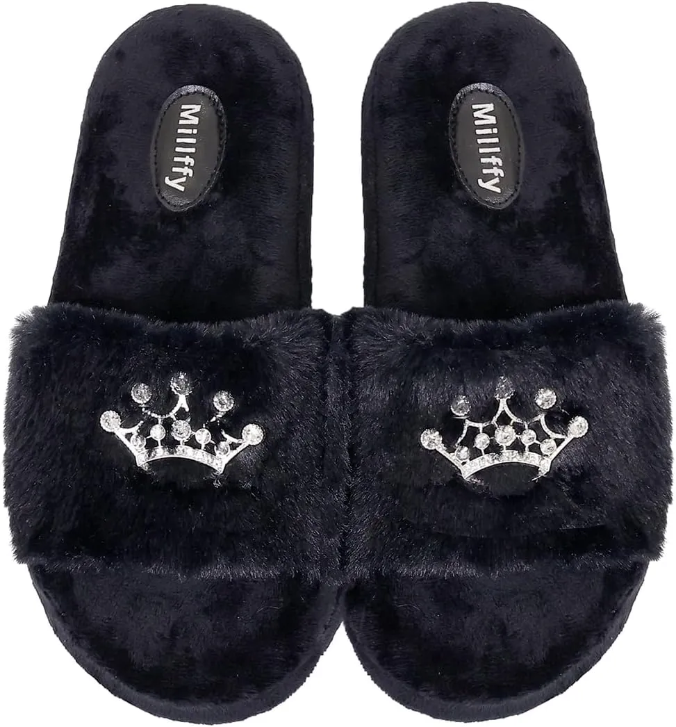 Millffy Plush Fluffy Slippers Princess Crown Bling Bling Diamond crown jewelry Ladies Shoes Pink Girl Home Slippers