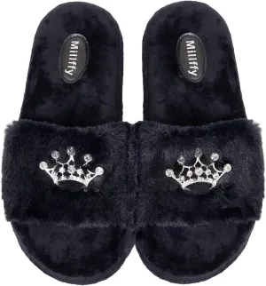 Millffy Plush Fluffy Slippers Princess Crown Bling Bling Diamond crown jewelry Ladies Shoes Pink Girl Home Slippers