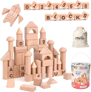 MINI MINDS Wooden Blocks with Letters & Numbers -100 Building Blocks for Toddlers - Includes Storage Container with Shape Sorter Lid - Natural Beech Wood Blocks - Learning Toys Stacking Blocks